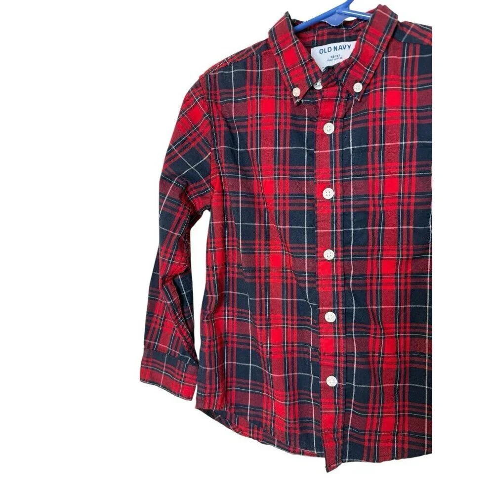 Boys Plaid Red Blue Button Down Shirt Old Navy Size XS 5 EUC